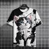 New Men's Cartoon Cute Cat Pattern 3D Printed Short Sleeved Round Neck T-Shirt Casual Quick Drying Neutral Clothing