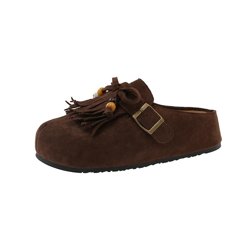 Женские полутапочки с кисточками в стиле ретро, новинка осени 2025 года, на плоской подошве, ленивые, с ремешком с пряжкой, матовые тапочки с бисером