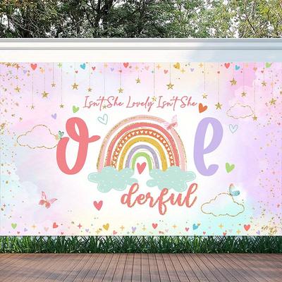 2D Flat Design, 1-piece Bohemian Style Rainbow One-year-old Birthday Banner Background, Birthday Party Decoration