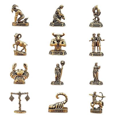 Vintage Brass 12 Constellation Figurines Rustic Style Fine Craft Ornament for Home Study Desk Decor Astrology Fans Gift
