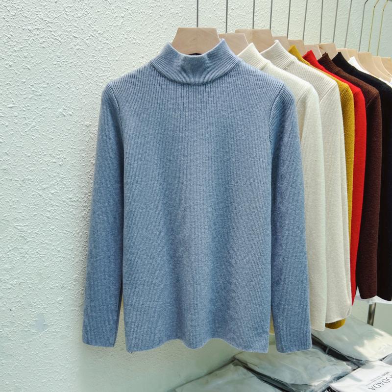 Autumn Warm Velvet Knitted Women's Sweater Casual Winter New Thicken Half High Collar Base Pullover Sweaters Elegant Solid Slim Plush Knitwears 25206