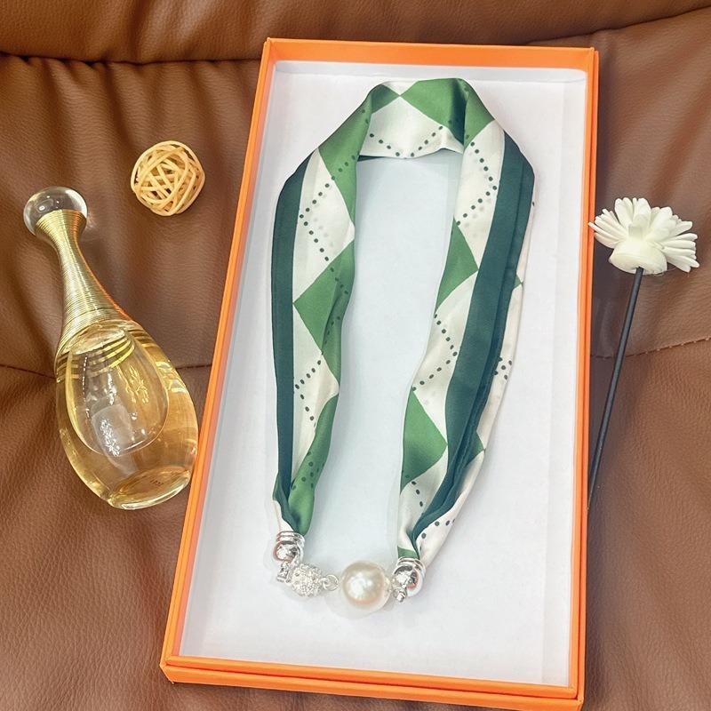 Silk Scarf Women's Spring, Autumn and Summer New Fashion Neck Protection Decoration Long Necklace Type Magnetic Buckle Scarf Small Scarf