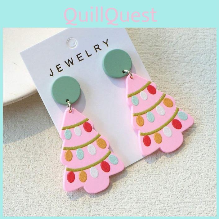 Floral Delightful Geometric Pink Christmas Tree Ear Studs For Joyful Celebrations