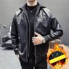 Мужская теплая зимняя кожаная куртка с капюшоном, мужская облегающая куртка из искусственной кожи для мотоциклистов, мужское пальто, теплая утолщенная байкерская кожаная куртка