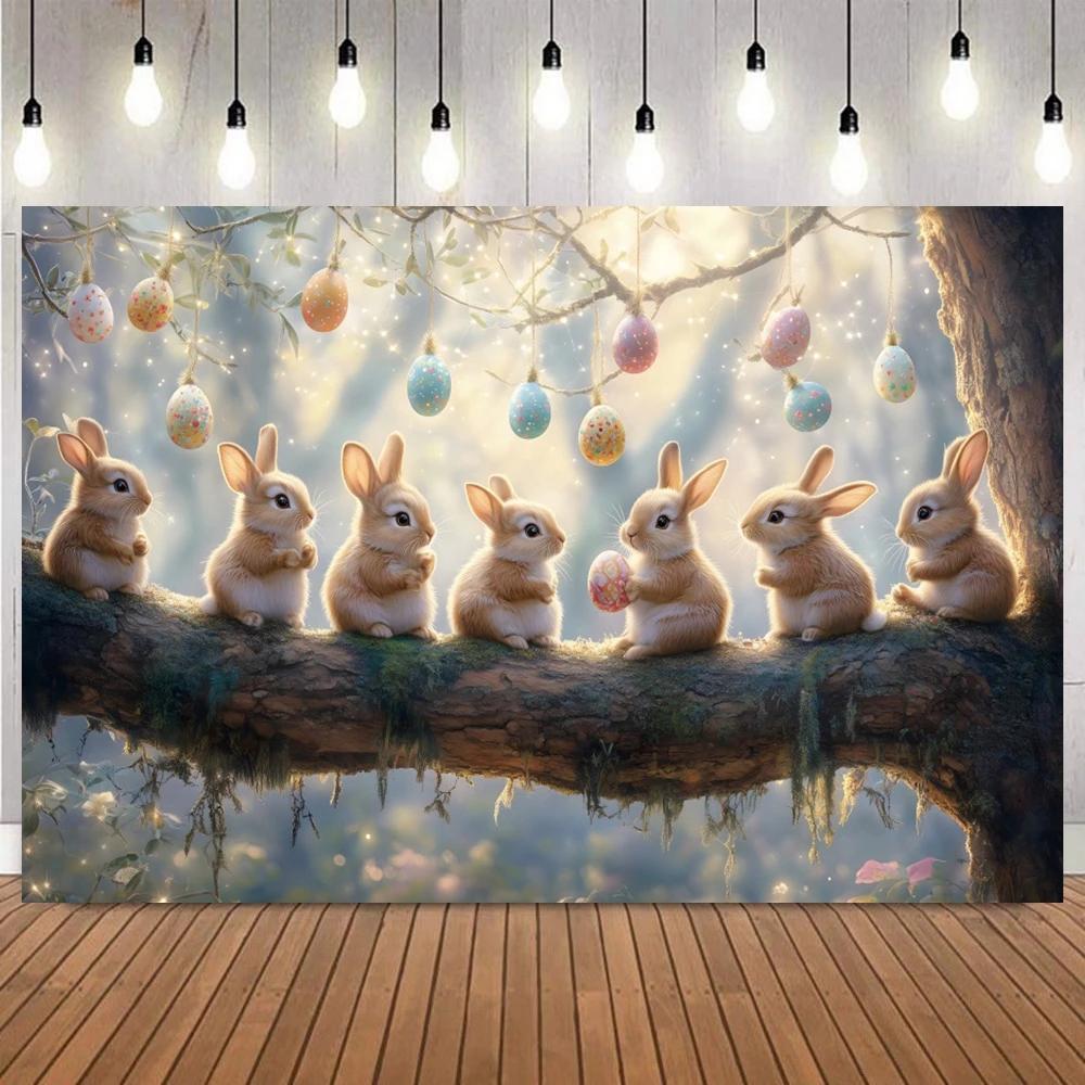 Easter Fairy Tale Forest Rabbit Easter Egg Photography Background, Children Birthday Party Home Decoration Photography Backdrop17