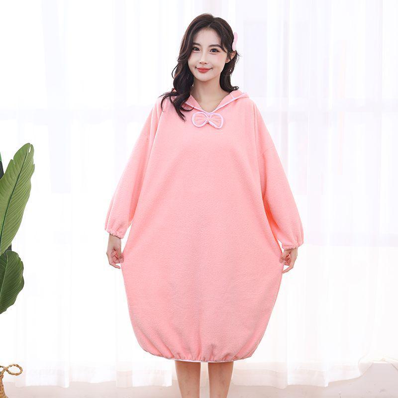 Women's Winter Wearable Hooded Bathrobe - Princess Style, Long-Sleeved, Thick Absorbent Coral Fleece Bath Skirt
