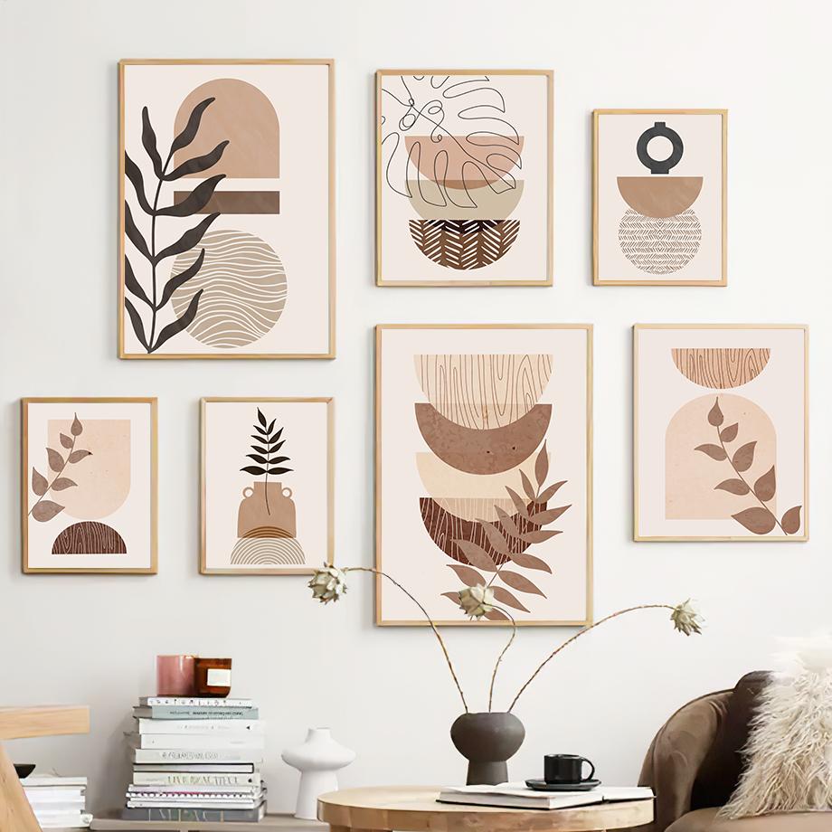 Monstera Leaves Geometric Abstract Boho Canvas Painting, Nordic Posters and Prints, Beige Pictures for Living Room Decor