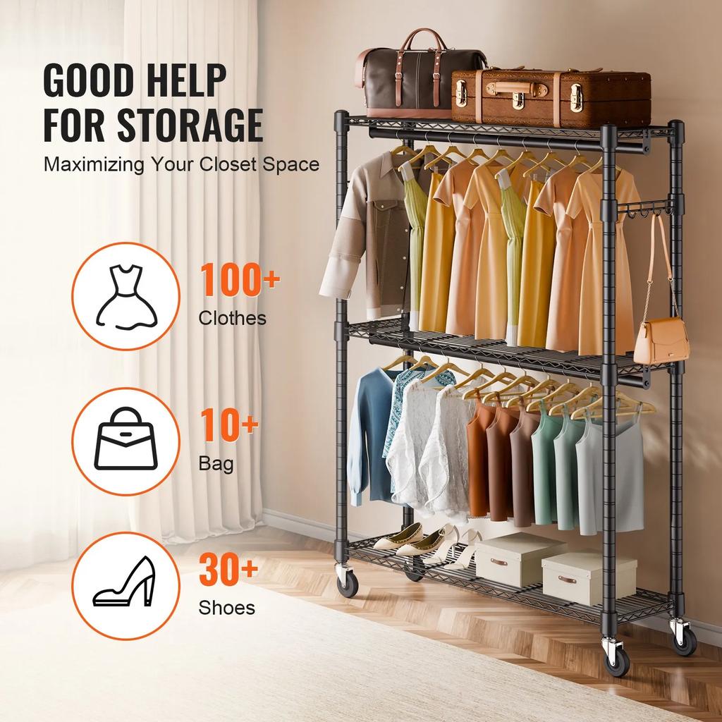 VEVOR Heavy Duty Clothes Rack, Rolling Clothing Garment Rack with 3 Storage Tiers, 2 Rods and 2 Pairs Side Hooks