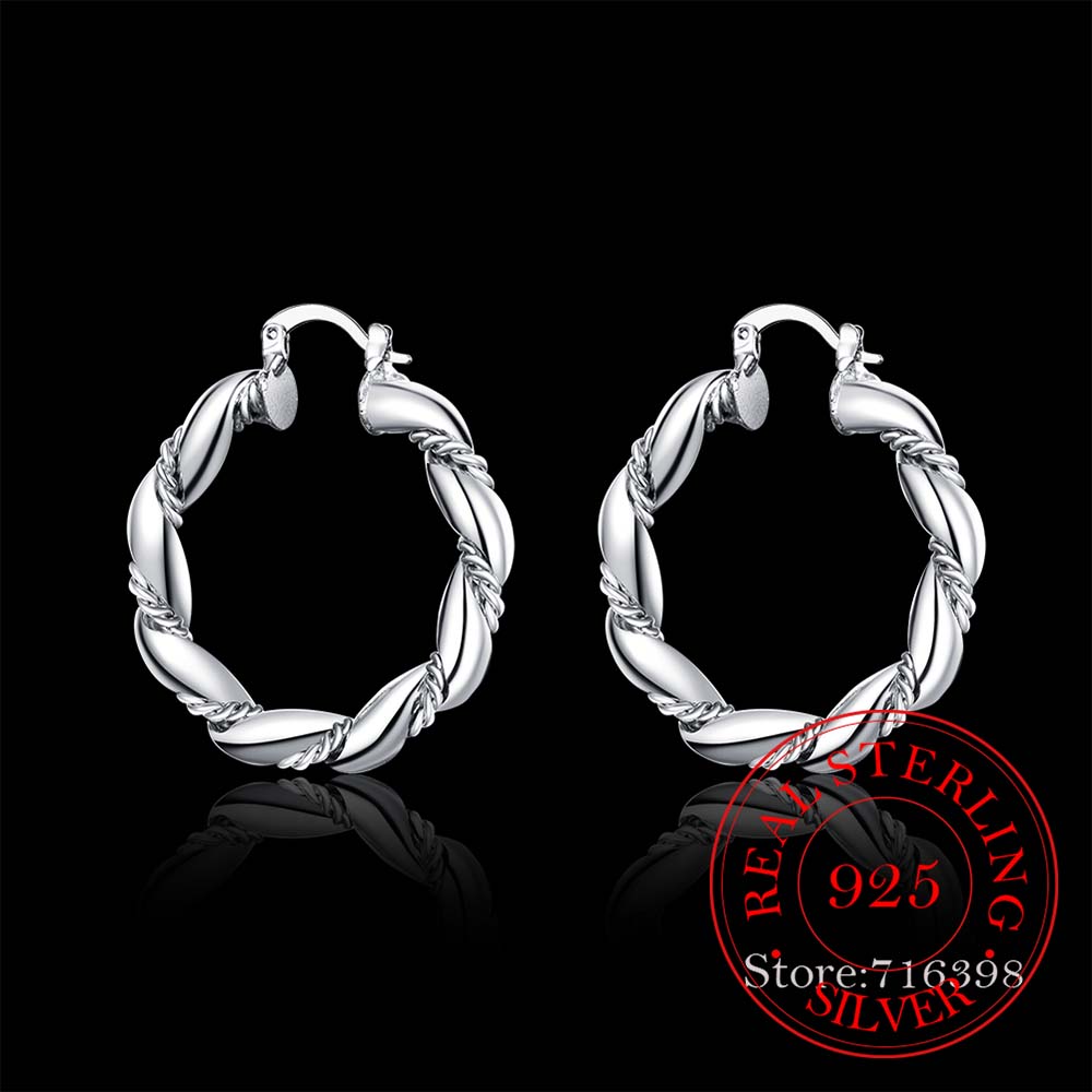 925 Sterling Silver Simple Big Rope Circle Vintage Hoop Earrings For Women Silver Jewelry Pendientes