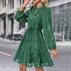 Fall Spring Women Dress Round Neck Lace Applique Long Sleeves Button-down Lace-up Strap Slim Waist A-line Big Hem Dating Party Midi Dress