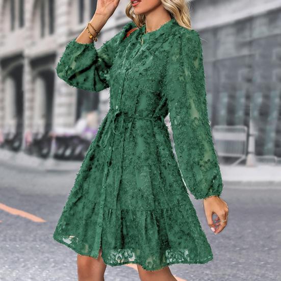 Fall Spring Women Dress Round Neck Lace Applique Long Sleeves Button-down Lace-up Strap Slim Waist A-line Big Hem Dating Party Midi Dress