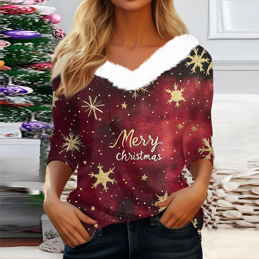 Рубашки с рукавом 3/4 для женщин, рождественские футболки с графическим принтом, блузки, повседневные базовые топы на пуговицах больших размеров, пуловеры