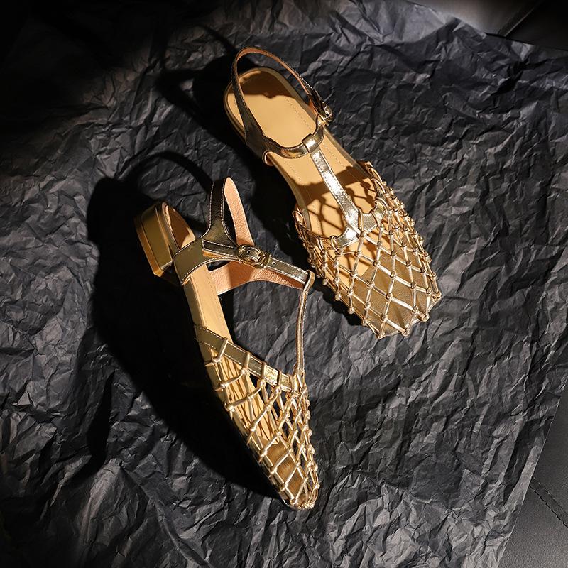 Ретро золото полая сетка серебро красивая сумка голова сандалии женские задняя пустая пряжка ремень низкий каблук женские туфли-лодочки