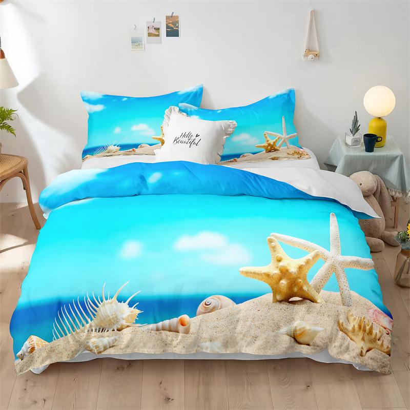 Beach Theme Duvet Cover Set Blue Ocean Bedding Set King Queen For Kids Girls Microfiber Seashell Starfish Print Comforter Cover