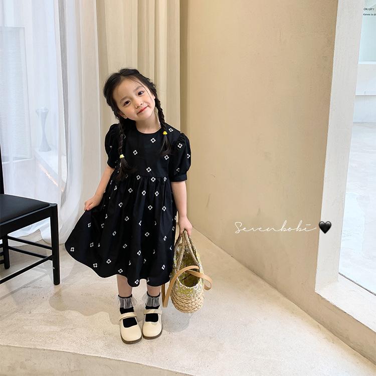 Детское платье в корейском стиле, новое платье принцессы с рукавами-фонариками, черное платье с вышивкой