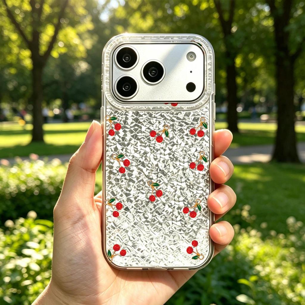 Чехол для iphone 17 Pro 14 XR 16 Plus 15 Air 18 Pro Max 11 XS Max 13 12 Серебряный Блеск Трескающийся Фон Маленькие Красные Вишни