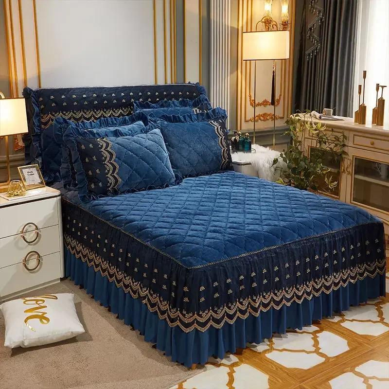 Luxury Winter Fast Warm Velvet Bed Skirt Ultra Soft Thick Flannel Quilted Bed Sheet Non Slip Bed Cover Bedspread King Size