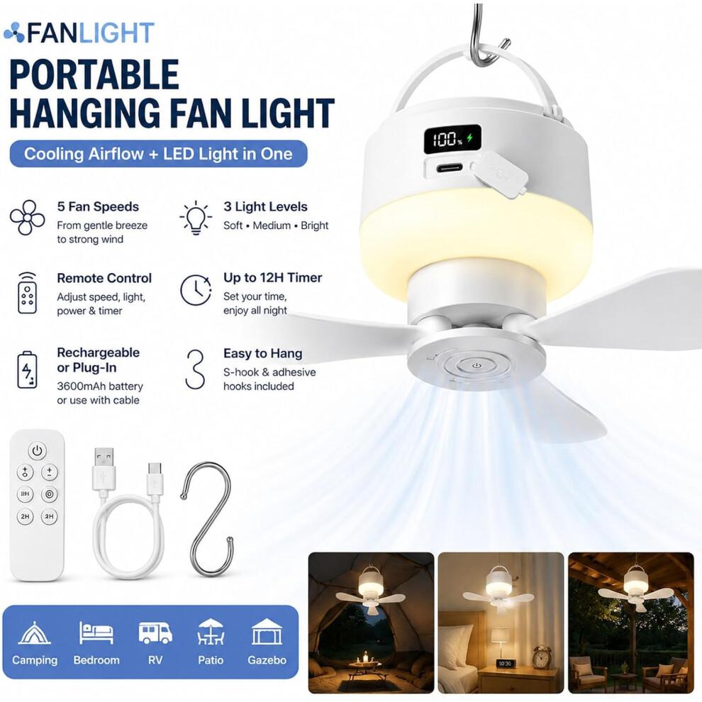 (White, -) 2026 Oplaadbare Hangende Ventilatorlamp - Met Afstandsbediening