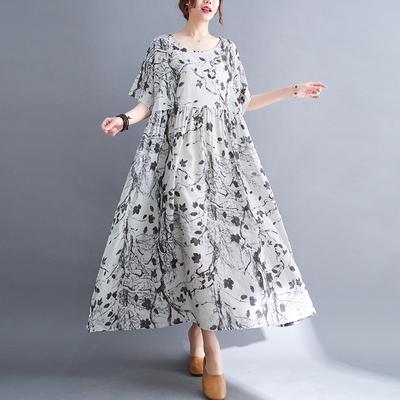 Летнее платье Chubby MM Loose Slimming Printed Cotton Linen с короткими рукавами для женщин