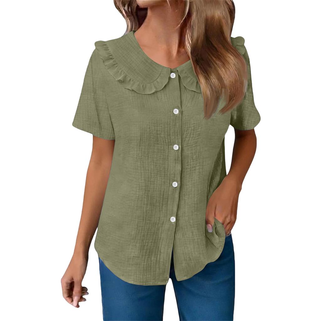 Women Summer Short Sleeve Shirt Dress Style Blouse Ruffle Collar Button Front Closure Casual Loose Fit Textured Top