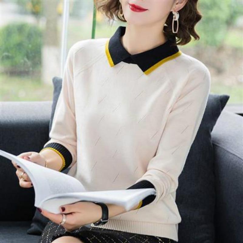 Женский модный трикотаж Большого размера Свитер с длинным рукавом Свободного кроя Кукольный воротник Пуловер Свитер Вязаная верхняя одежда