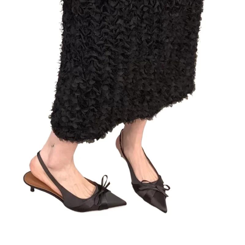 2025 Летние женские слингбэки с бантом, туфли на высоком каблуке с острым носком, слипоны, сандалии на тонком каблуке, туфли-лодочки для платья больших размеров для женщин