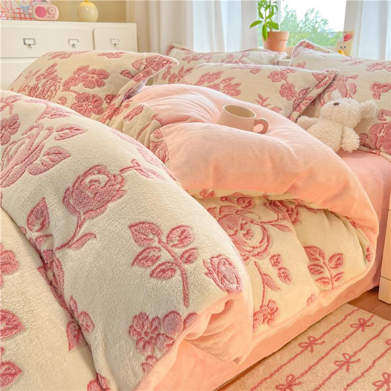 Snowflake Fleece Four-Piece Set, Thickened Milk Coral Fleece Quilt Cover, Double-Sided Fleece Quilt Cover, Bed Sheet, Bed Hat Three-Piece Set