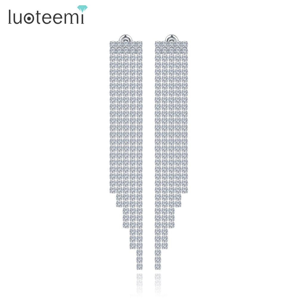 LUOTEEMI Luxury Cubic Zircon Sparking CZ Diamond Long Tassel  Earrings Wedding Chandelier for Women