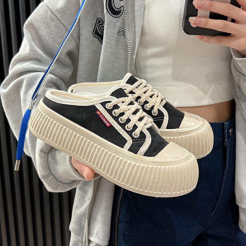 Thick Bottom Toe Cap Half Slippers Women's Outdoor Wear Summer New White Shoes Canvas Shoes Sandals Ins Fashion