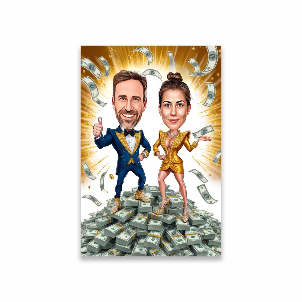 Funny Couple Cartoon Portrait Poster Money CEO Caricature Prints Big Boss Personalized Gift Businessman Office Wall Art Canvas