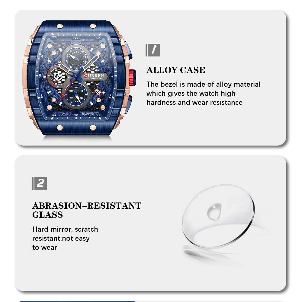 CURREN Мужские часы класса люкс квадратные кварцевые наручные часы водонепроницаемые светящиеся часы-хронограф с шестью штифтами спортивные часы с датой
