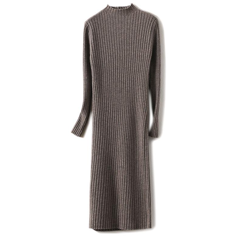 Women's Slim-Fit Knit Sweater Dress - Mid-Length, Over-the-Knee, Half-High Neck, Long Sleeves, Warm Inner Wear, New Style.