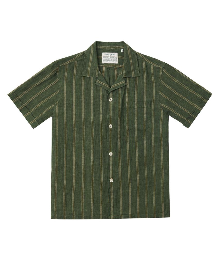 PRODESHIRT [Comfort] Vintage Linen Striped Camp Shirt (Olive)