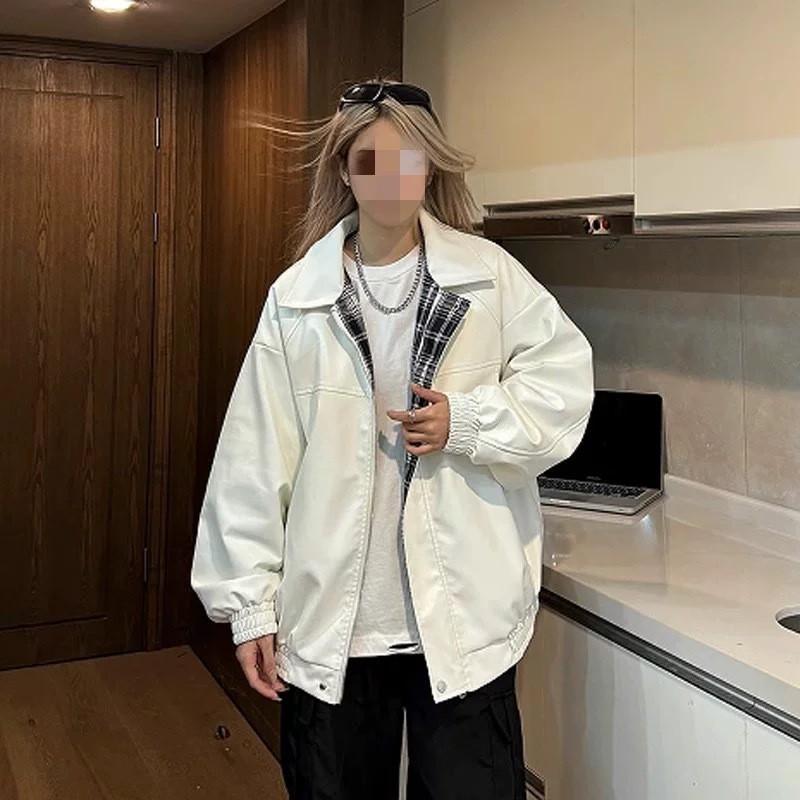 Reversible PU Leather Jacket Plaid Unisex Streetwear Casual Moto Coat