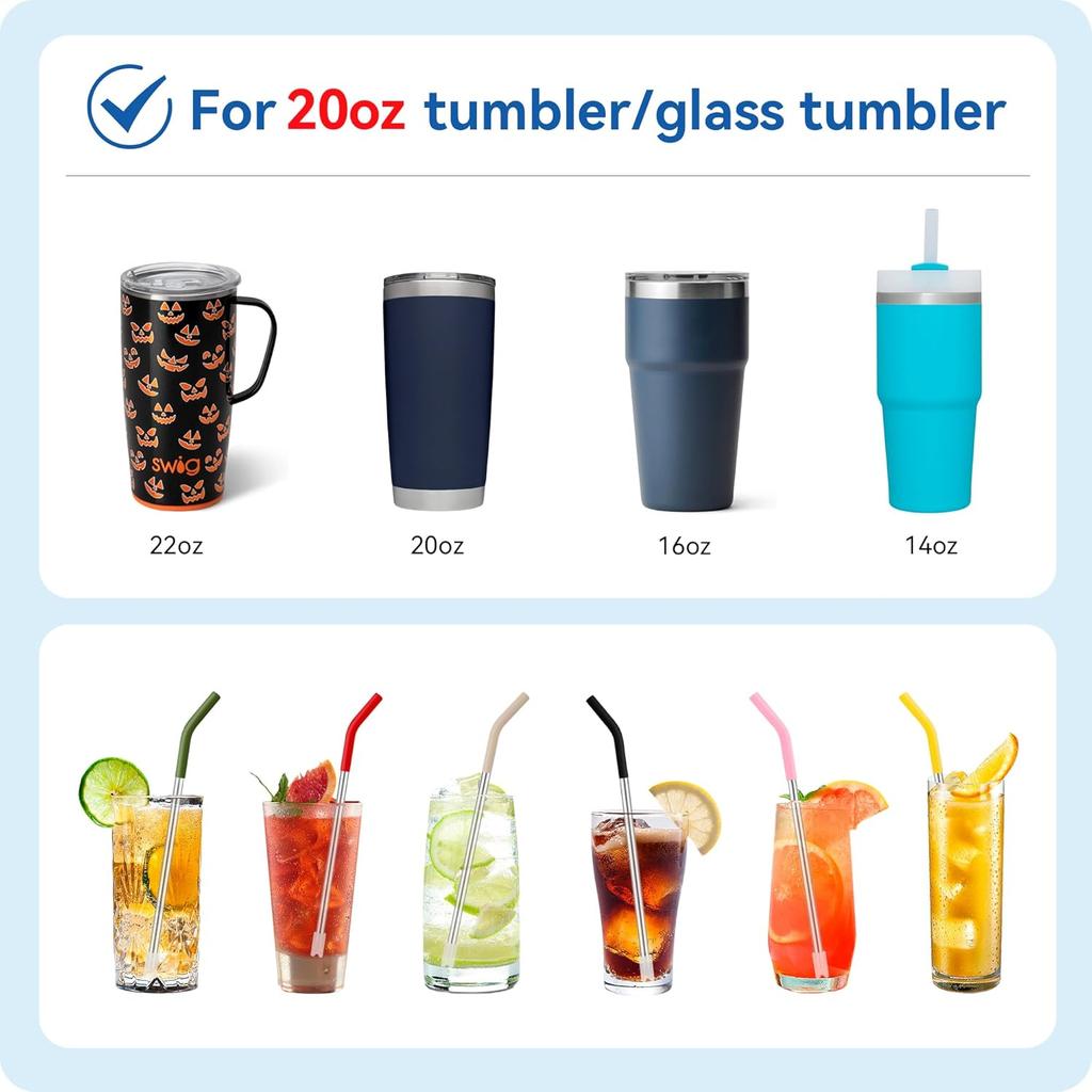 Stainless Steel Straws with Silicone Tips,Reble Metal Straws for 20 oz Tumblers & 16 oz Glass Cups,8.26" Long 0.31" Wide Drinking Straw,BPA-Free &