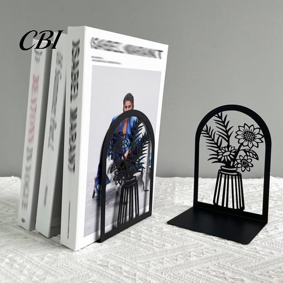 Metal Bookend 1 Pair Flower Bookends, Decorative Vase Book Ends for Shaped Shelves, Black Holder Stopper Home Office Reading Room Desktop