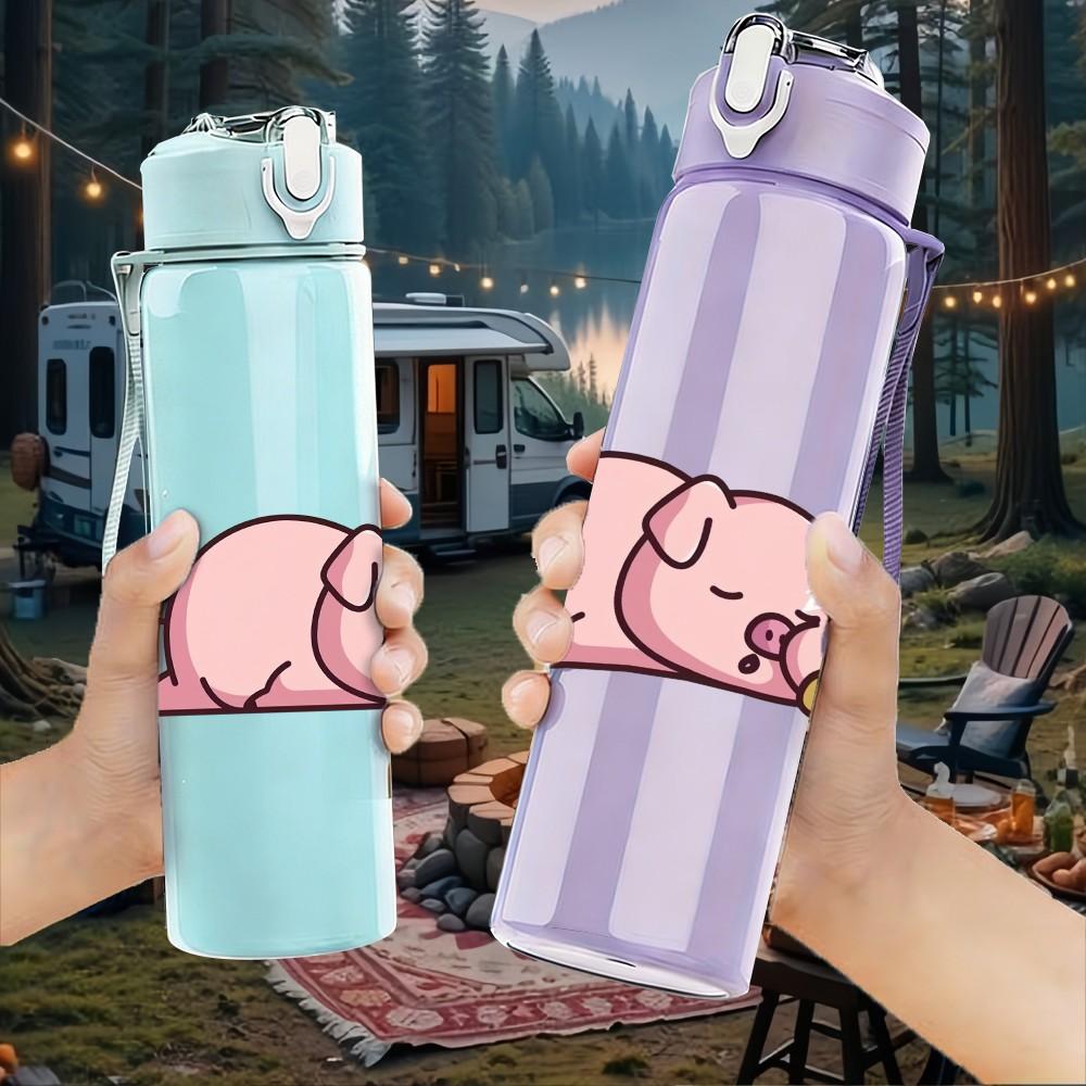 1PC Sleepy Pink Pig Cute Cartoon Print 750ml Color Plastic Sports Water Bottle Leakproof Flip Straw Lid Suitable for Sports Office Home Use