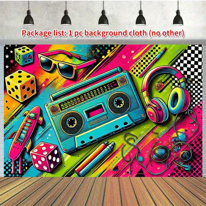 1 piece of retro graffiti tape party background - vibrant polyester photography banner with 80s themed decorations,