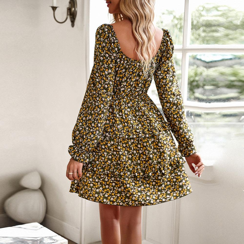 Женское осеннее элегантное плиссированное платье с квадратным вырезом и рукавами-фонариками