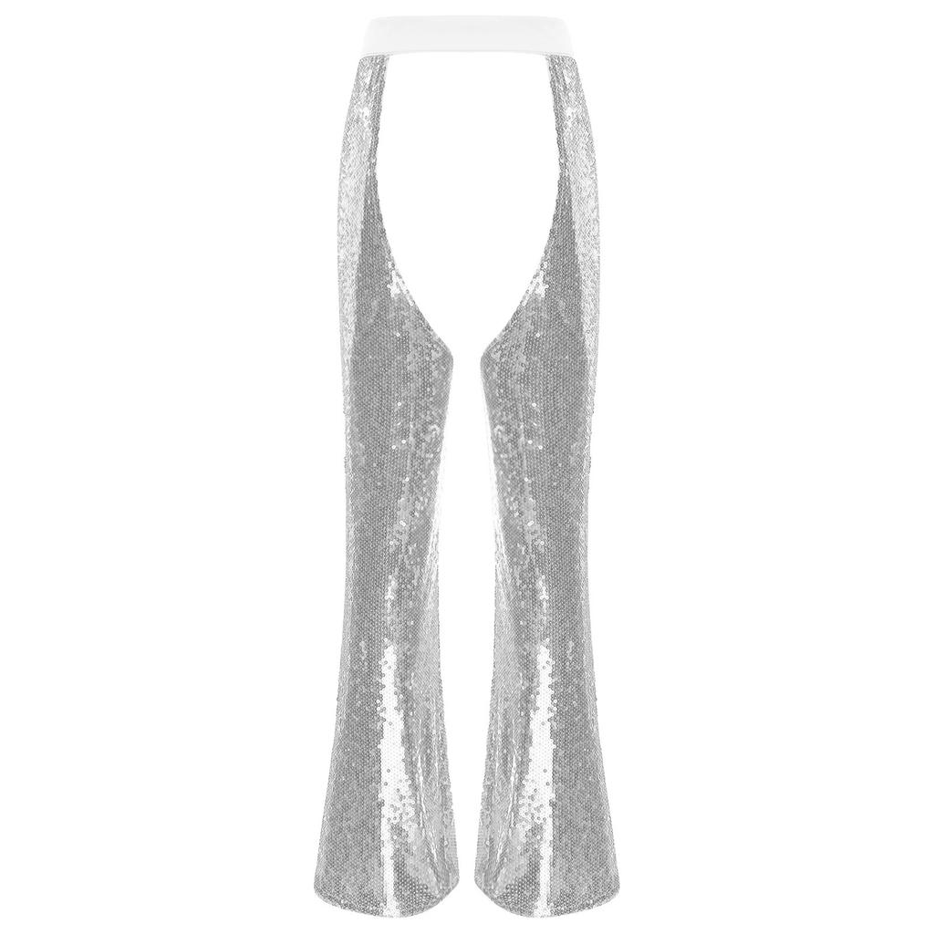 Womens Halloween Glitter Sequin Cowgirl Chaps Adjustable Waist Crotch Hollow Out Fully Lined Flared Pants