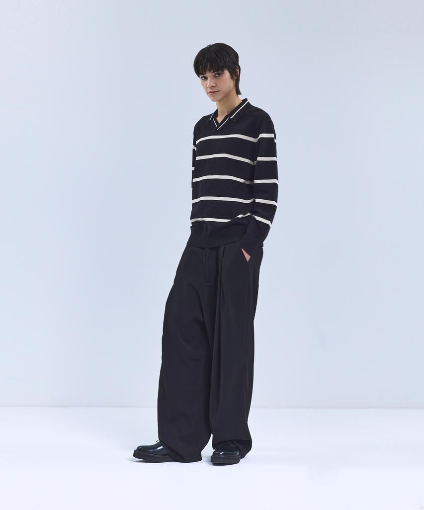 IRONYPORNO WHITELINE 86-Iroj365 Open-Neck Striped Long-Sleeve Knit Black
