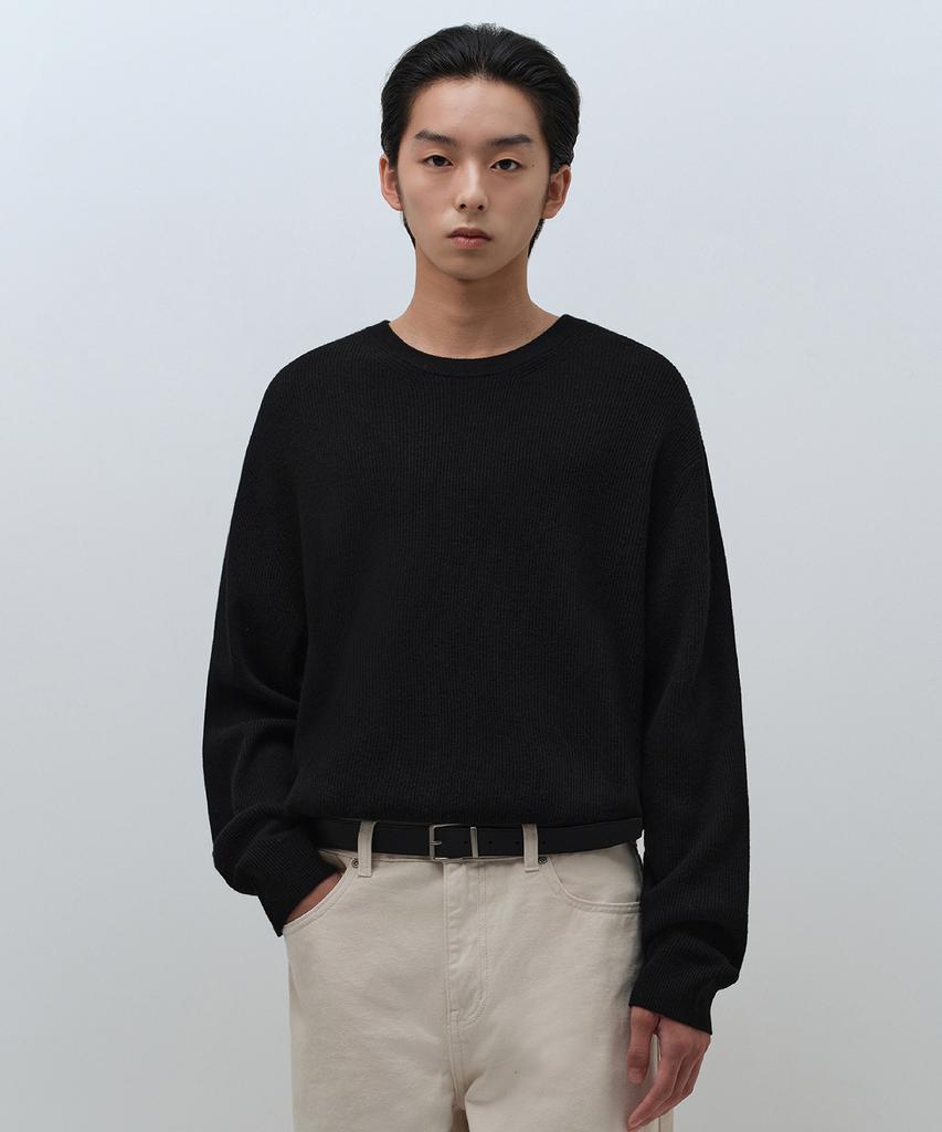 MUSINSA STANDARD [Victoria Wool] Minimal Ribbed Crew Neck Knit [Black]