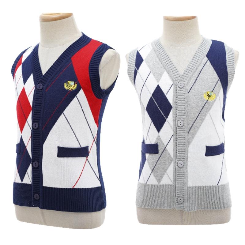 Детская стильная одежда для мальчиков без рукавов с v-образным вырезом и ромбовидным принтом, вязаный жилет на пуговицах, топ