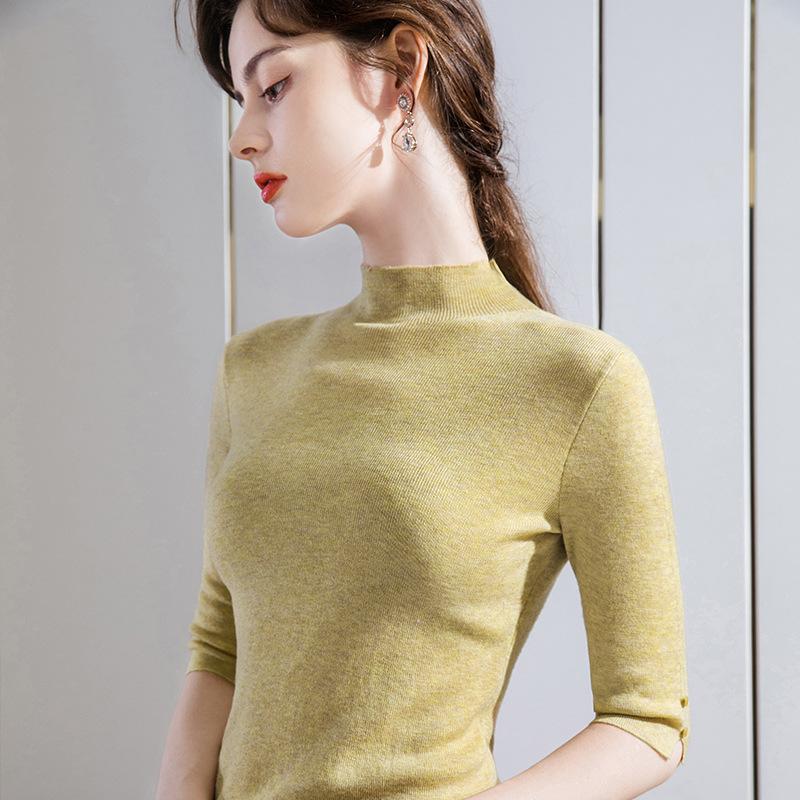 Five-quarter-sleeved Autumn Women's Clothing New Women's Clothing Medium-sleeved Top Semi-turtleneck Bottoming Shirt Women