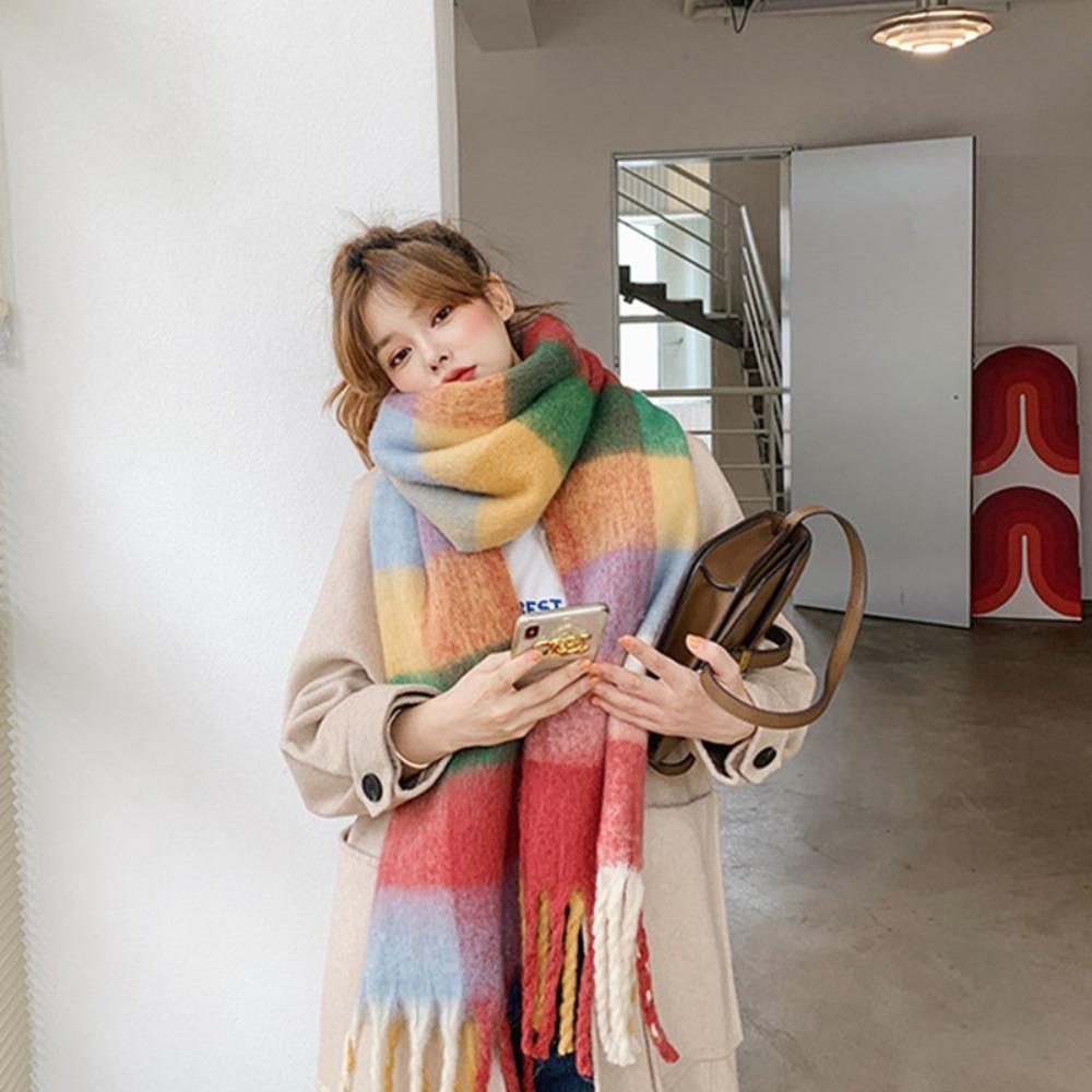Versatile Four Color Cashmere Scarf Long Tassel Rainbow Winter Plaid Shawl 2023 Thickened Scarf