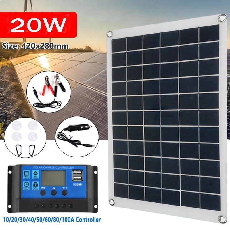 20W 18V Polycrystalline Solar Panel with Controller - Flexible & Portable for Outdoor Use