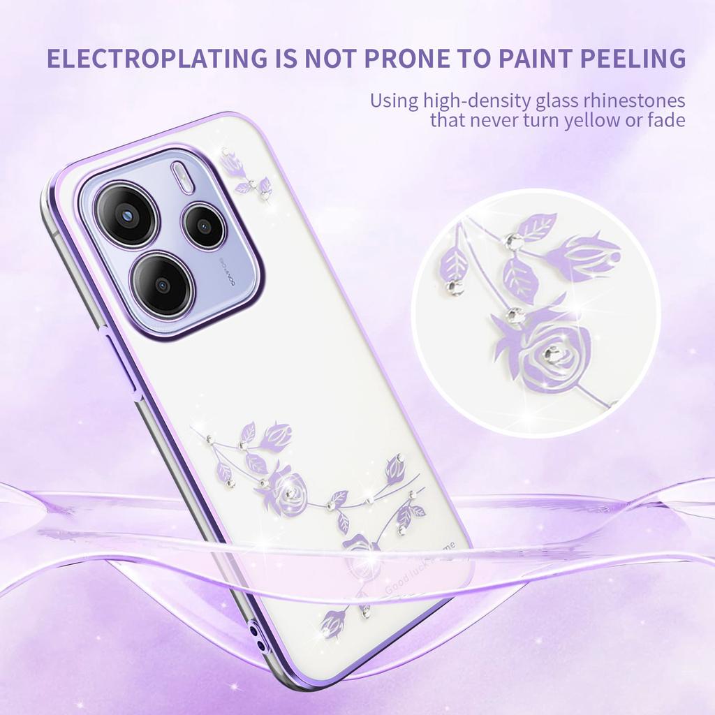 KADEM Для Xiaomi Redmi Note 14 4G (163,25 мм) Чехол Цветок Декор Стразами Гальваническое Покрытие ТПУ Чехол для Телефона