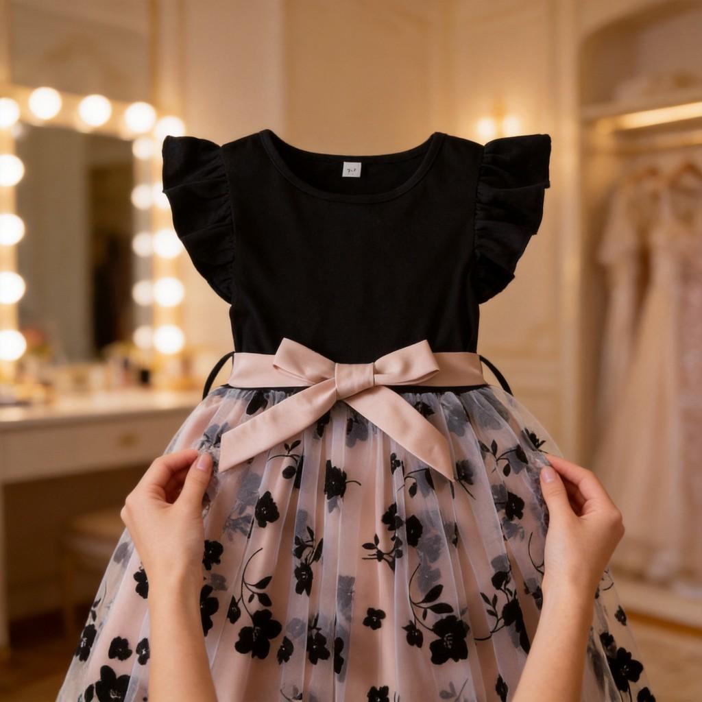 Princess Girl Summer Dress With Flower Pattern And Tulle For Toddler Party Wear