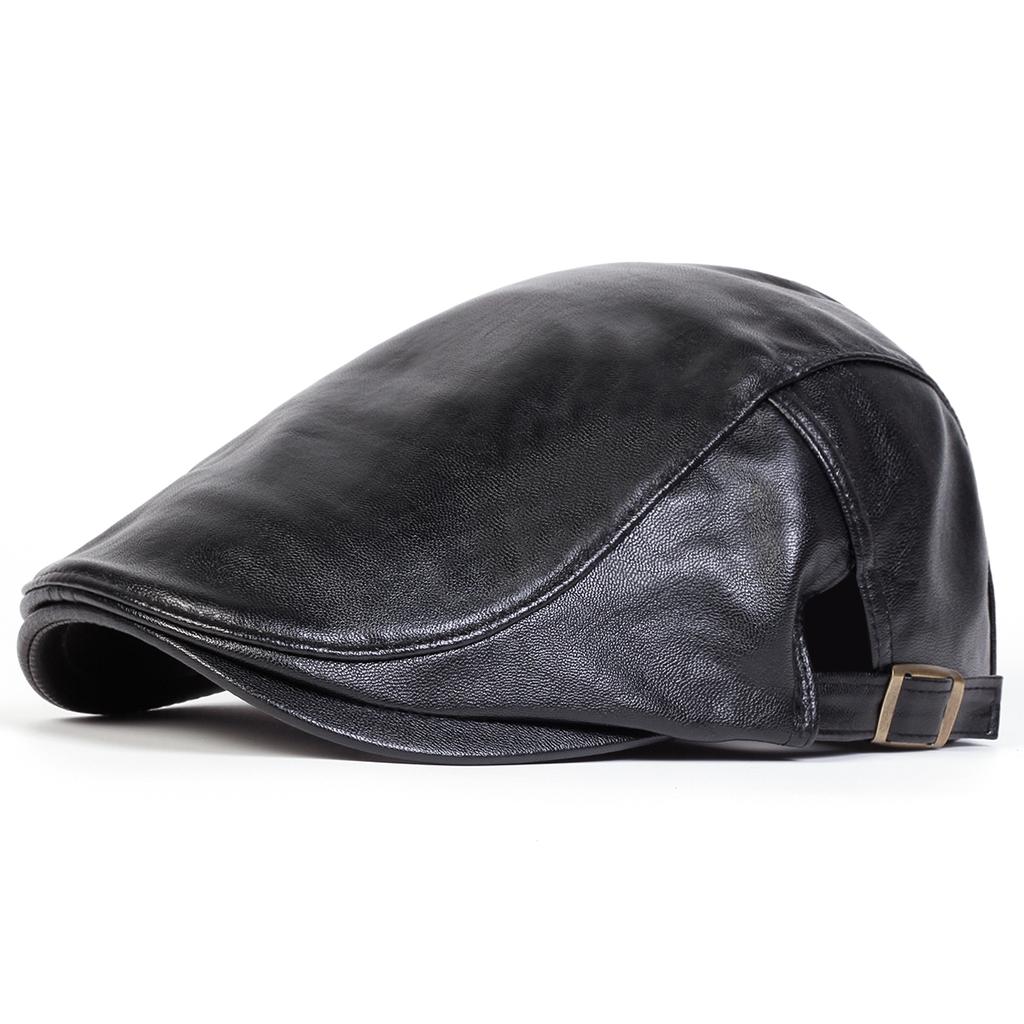1Piece Men Solid Color Thick Pu Leather Forward Cap Duckbill Cap Outdoor Adjustable Warmth Sunscreen Casual Hat Suitable for Autumn Winter Travel