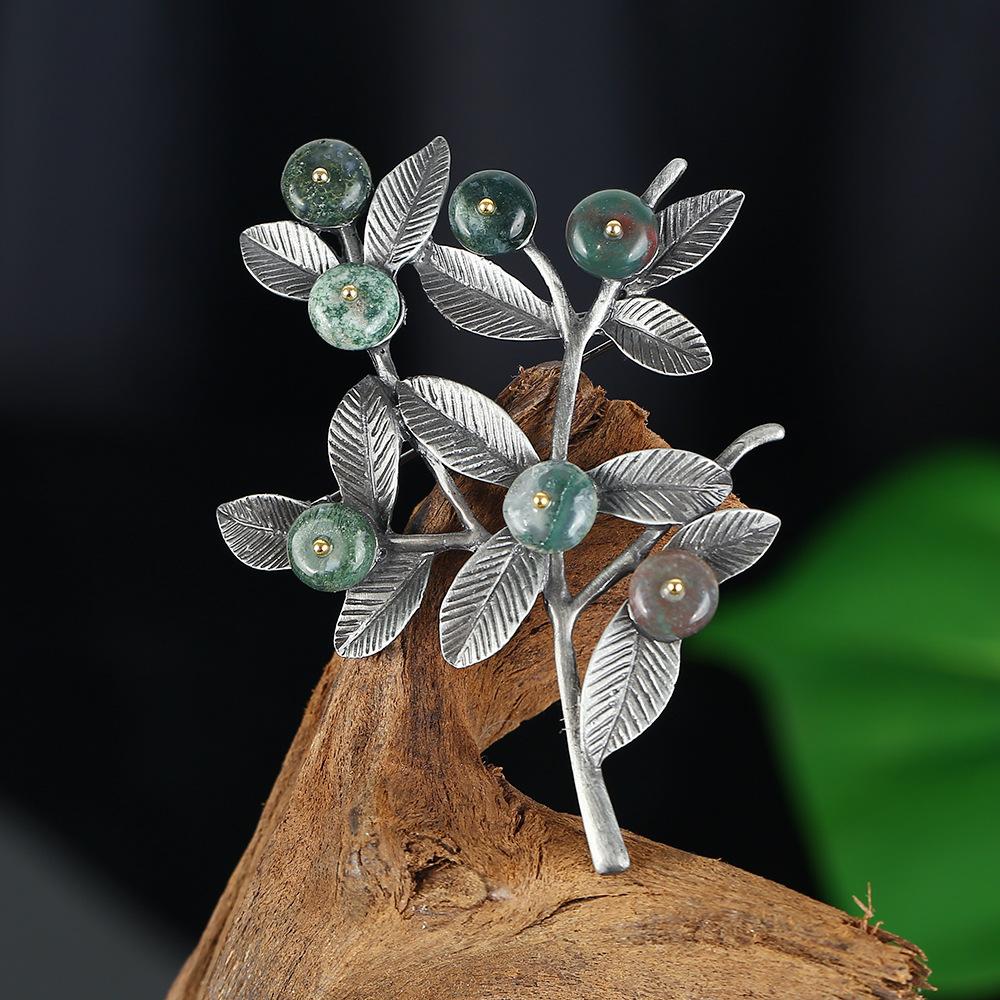 Retro Natural Agate Brooch High-end Classical Temperament Literary and Versatile Plant Pin Coat Cardigan Corsage Accessories